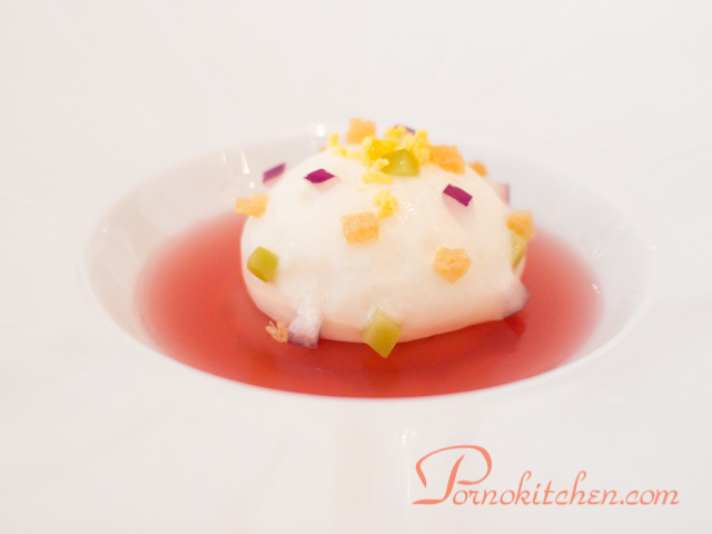 Red onion jelly with smoked foam