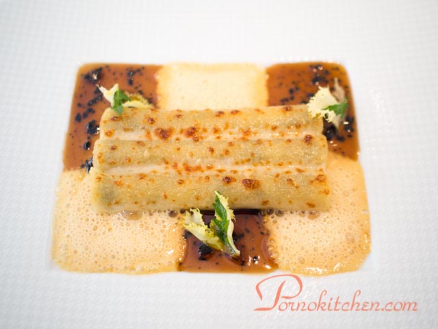 Macaroni stuffed with black truffle, artichoke, and duck foie gras