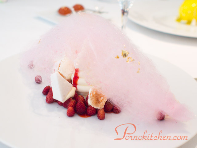 Alpine strawberries with cotton candy and creamy stuff