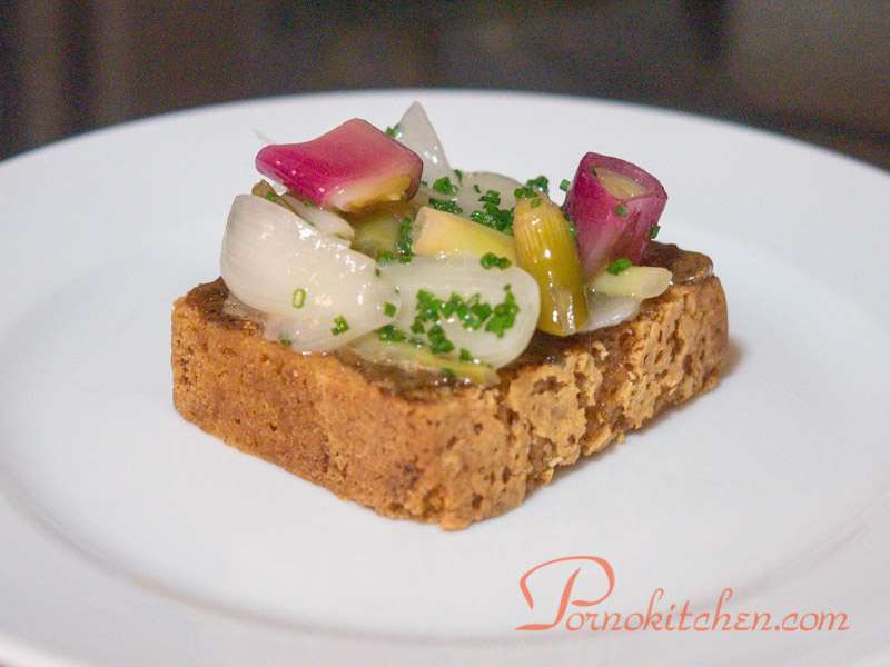Warm Carrot Cake with Black Garlic, Alliums and Chives