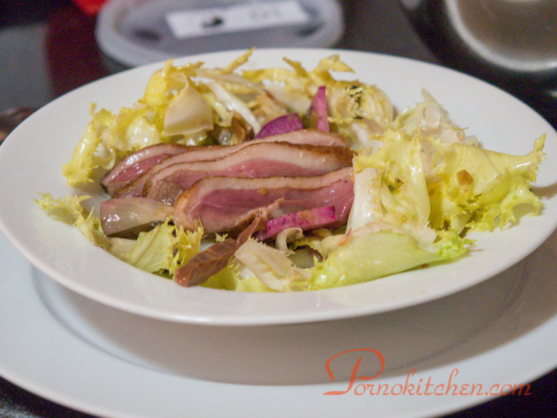 Smoked Duck Breast and Curly Endive Salad, Baby Artichokes, Purple Daikon, and Warm Scallion Vinaigrette
