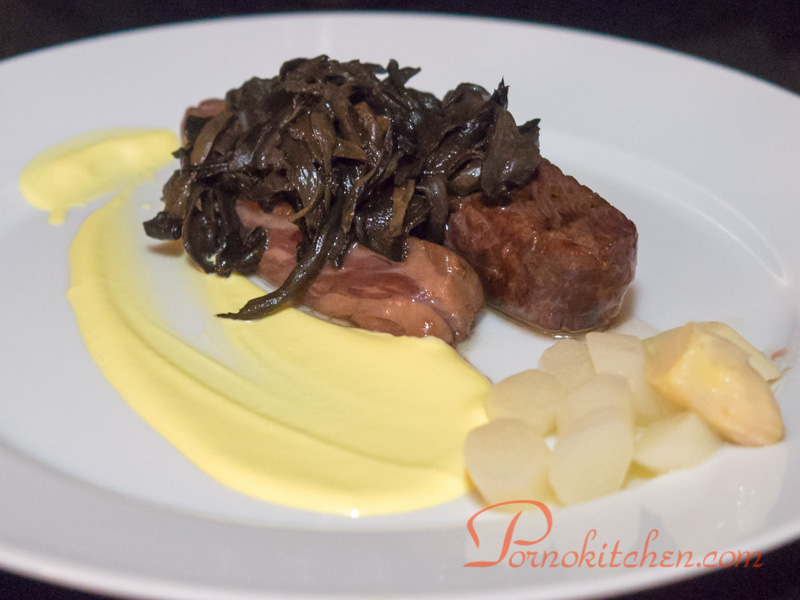 Grilled Wagyu Beef, White Asparagus, Black Trumpet Mushrooms and Saffron Emulsion