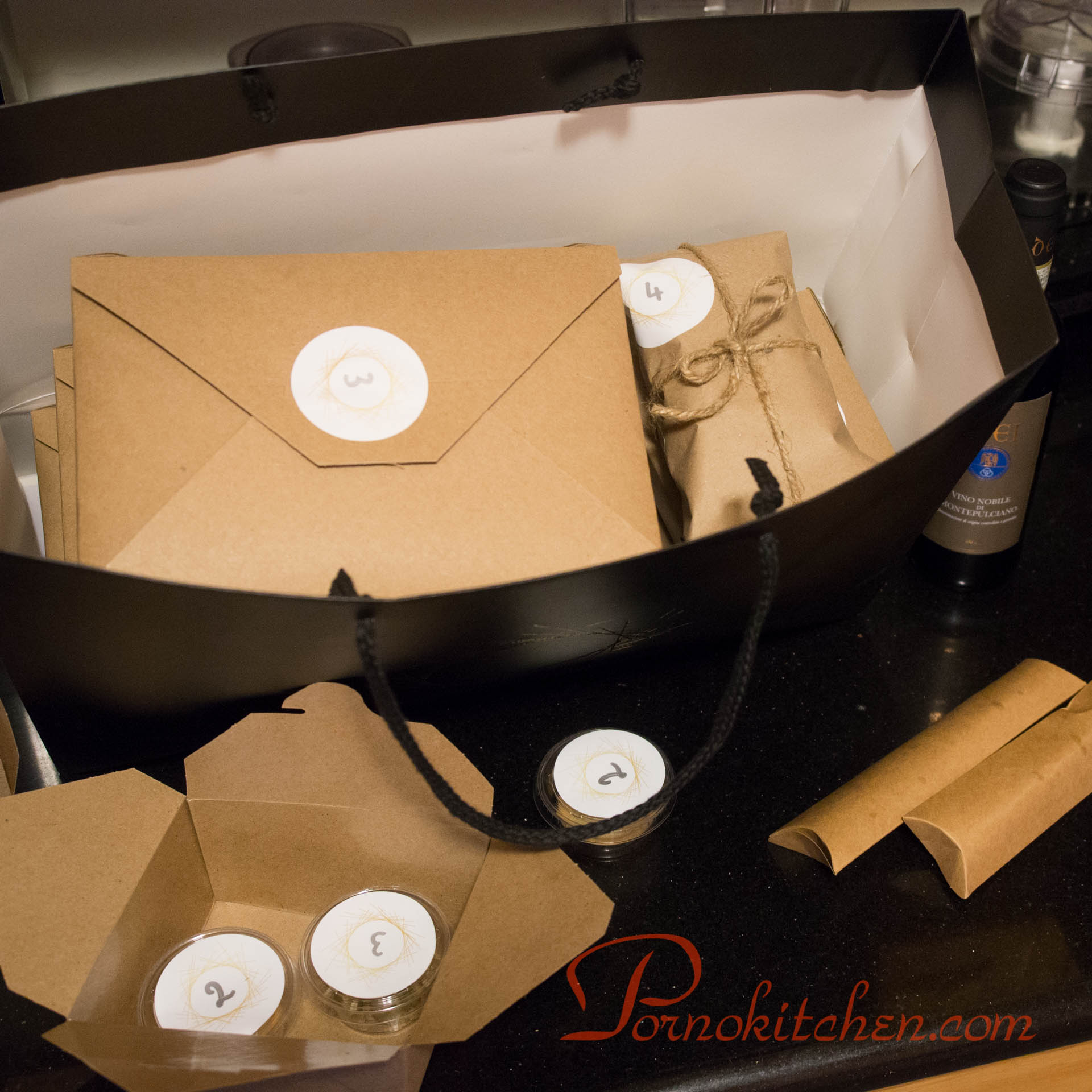 The contents of the bag arrayed out, with one bundle wrapped in string.