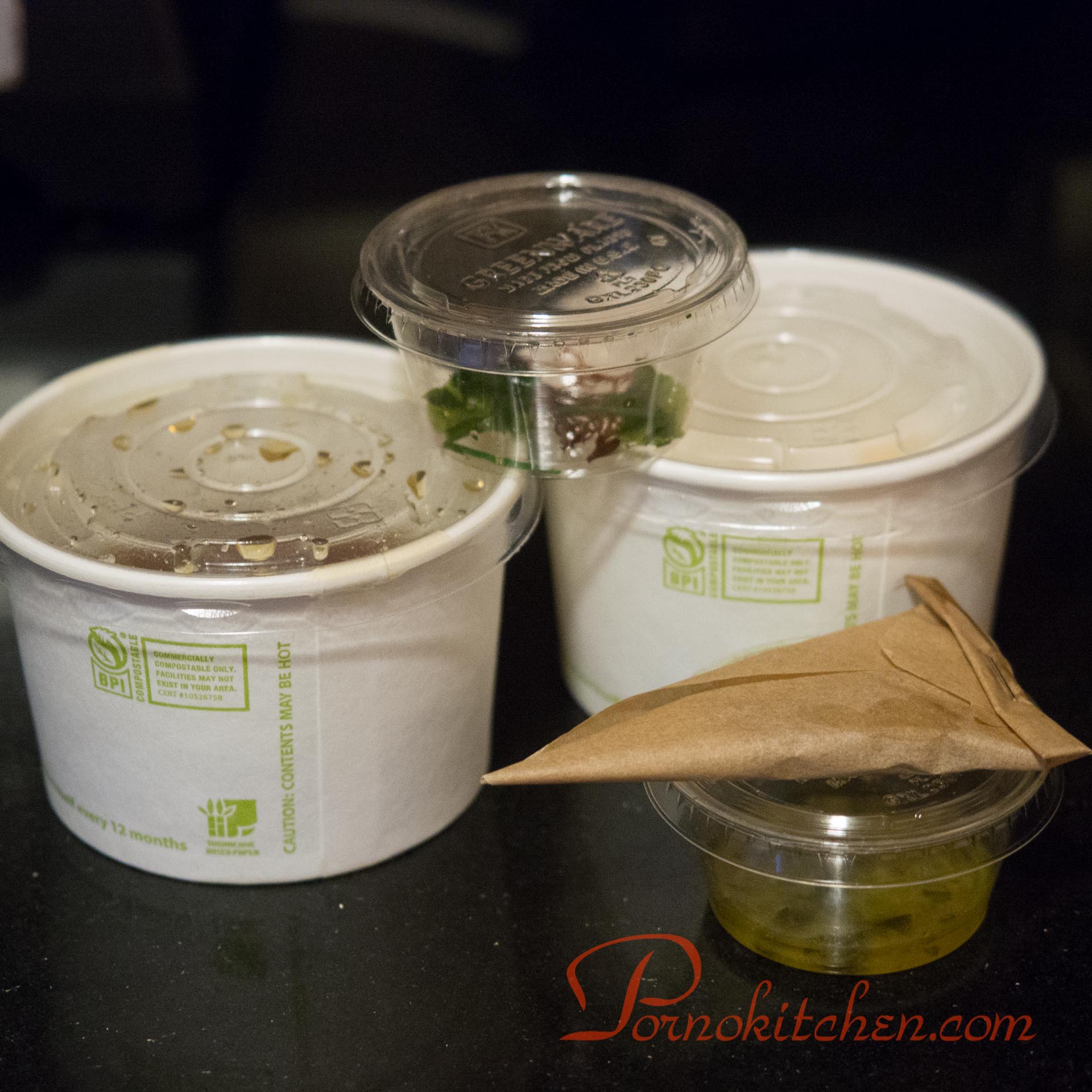 Packages for crab tartare and broth with a cute little piping bag.
